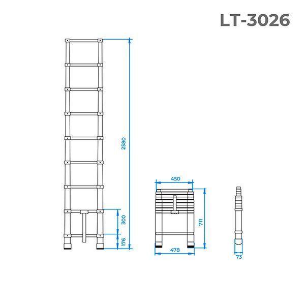 Драбина алюмінієва, телескопічна, 8 сход., 2,60 м, 150 кг INTERTOOL LT-3026  520570 купити в Україні
