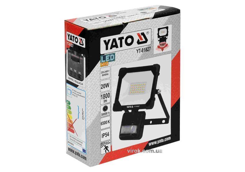 Прожектор з SMD-діодним випромінювачем і датчиком руху YATO 20 Вт 1800 лм 120&deg; 28 діодів  506454 купити в Україні