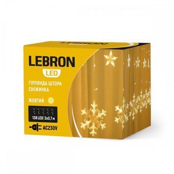 LED гірлянда LEBRON штора 3х0,7м, сніжинка 138LED, жовта, IP20  316676 купити в Україні