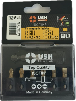 Набір насадок викруткових Isotin USH: 1/4", PH1, PH2, PZ1, PZ2, SL5.5, SL6.5 магнітний тримач, 7 ел.  312876 купити в Україні