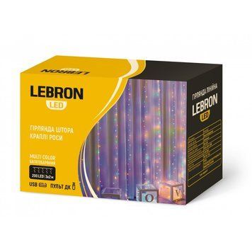 LED гірлянда LEBRON штора 3х2м, краплі роси, 200LED, мультиколор, USB, пульт ДК, IP20  316662 купити в Україні